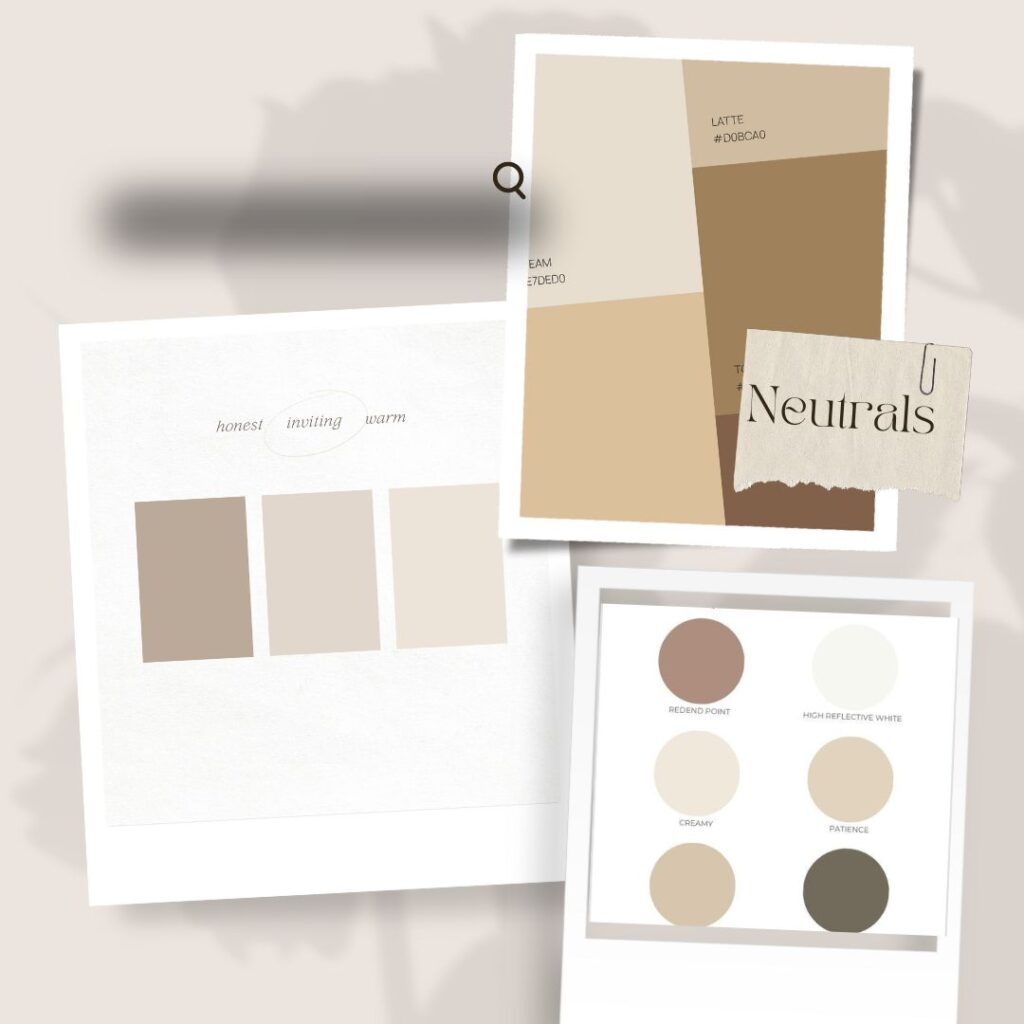 A collage example of neutral colors that families can wear to a spring photoshoot in the midwest including browns, tans, creams, and dark greens.