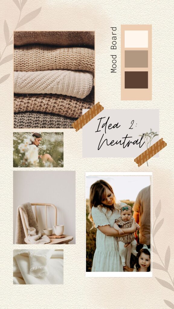 A neutral color palette mood board for a family spring photoshoot including browns, tans, and creams.