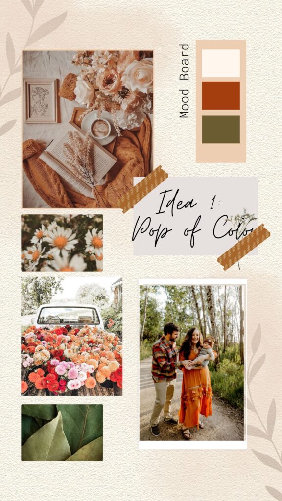 A mood board with earth tones and a pop of green and rust color. Picture of a young family and mom wearing a rust colored dress for a family spring photoshoot.